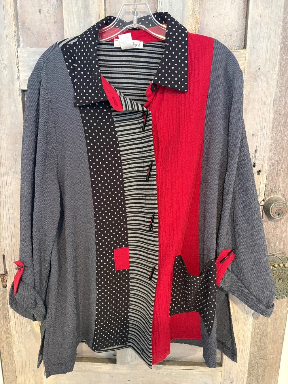 Moonlight xlLightweight Button Front Colorblock shirt- Red, Gray, Black